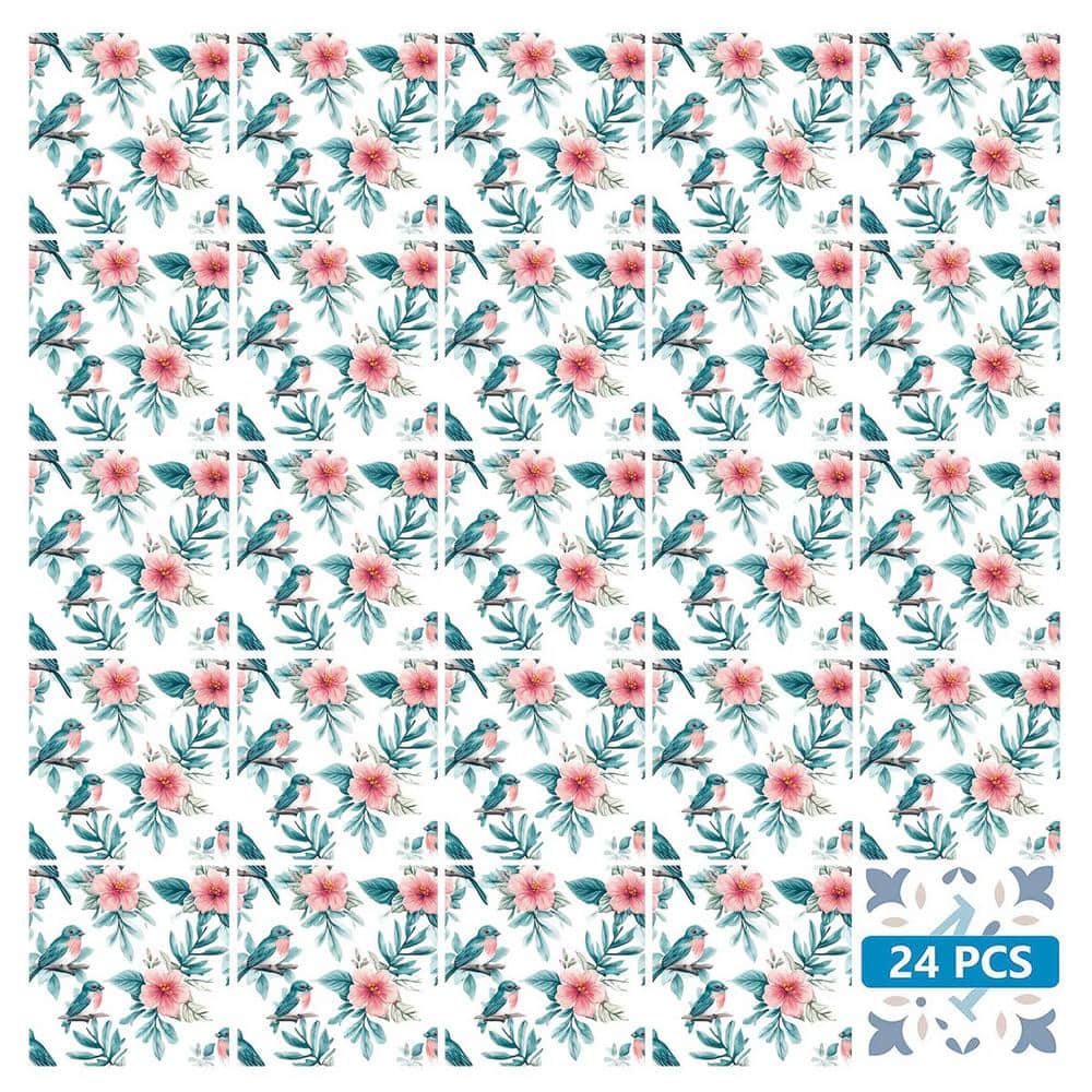 Seagreen and Pink Floral Bird 4x4 Vinyl Tile Stickers