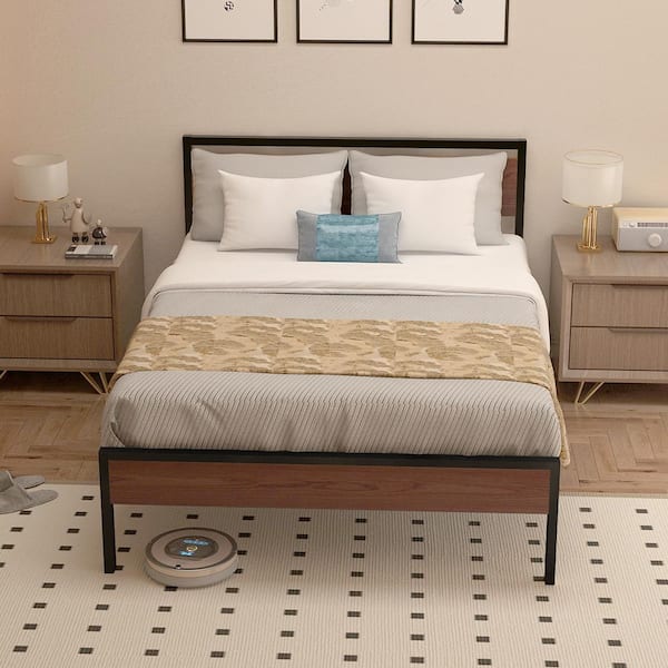 YOFE Brown Metal Frame Full Platform Bed with Wood Headboard, Bedroom Kids Teens Adult Metal Bed Frame