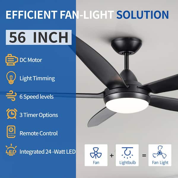 PUDO 56 in. Integrated LED Indoor Black Ceiling Fan Lighting