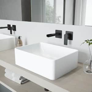 Matte Stone Amaryllis Composite Rectangular Vessel Bathroom Sink in White with Faucet and Pop-Up Drain in Matte Black