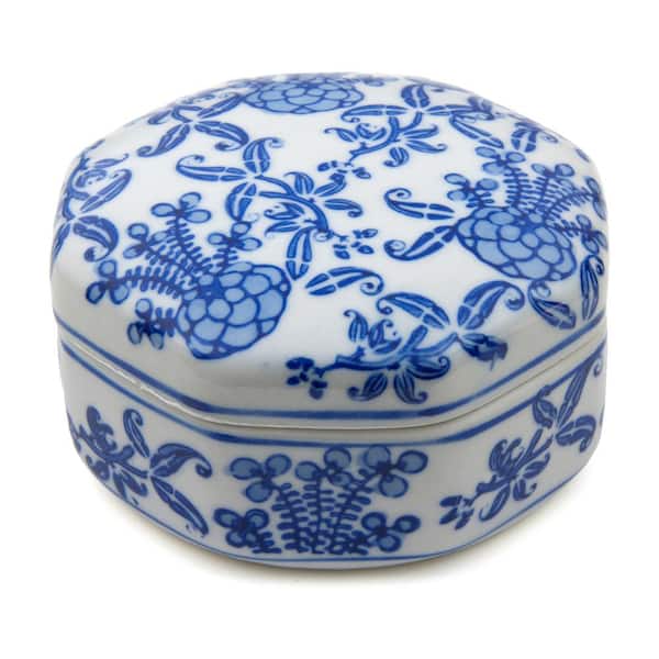 Oriental Furniture 4 in. Floral Blue and White Small Porcelain Jewelry Box
