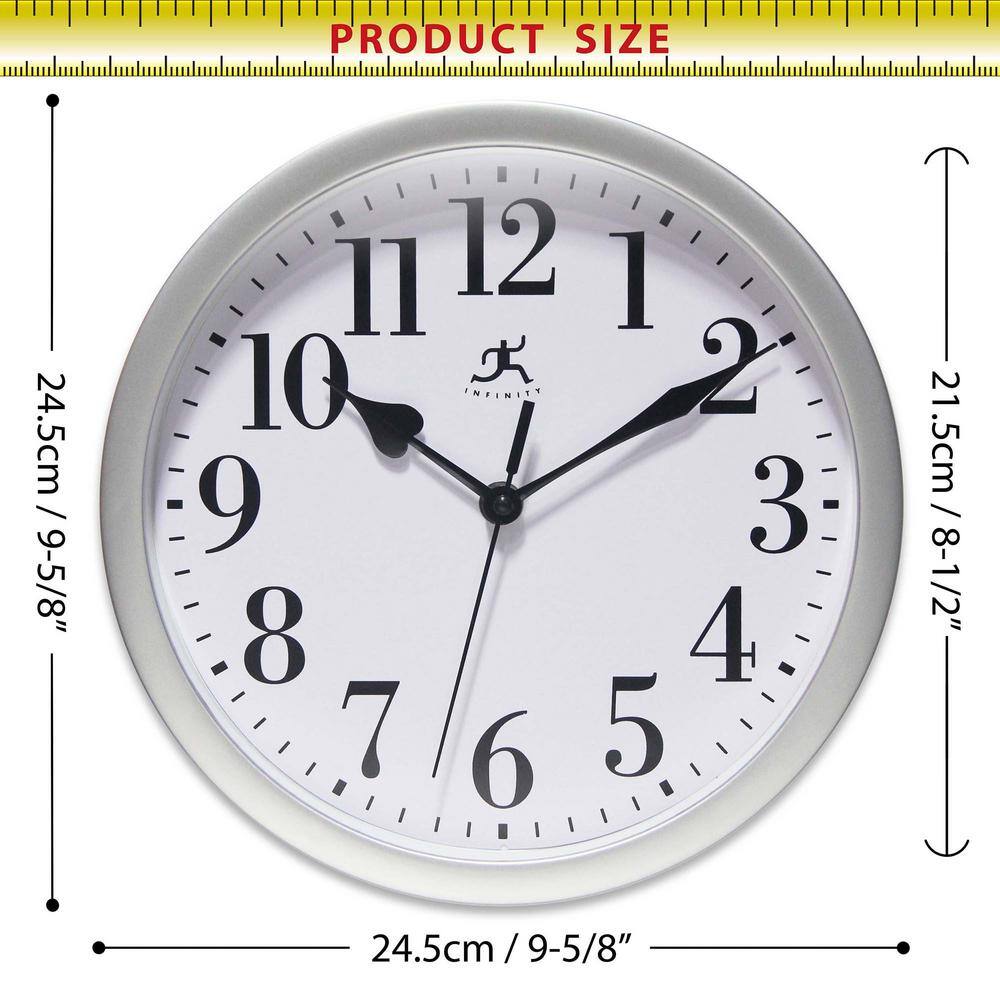 Classic Round Silver Plastic Wall Clock with Glass Lens, 9.63 Inch