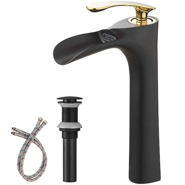 HOMEMYSTIQUE Waterfall Single Handle Vessel Sink Faucet with Drain Kit in Matte Black and Gold