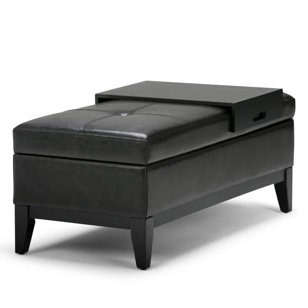 Midnight Black Tufted Faux Leather Cocktail Ottoman with Tray & Storage