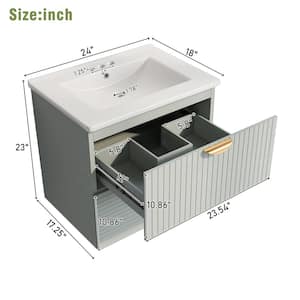 Modern 24 in. W x 18 in. D x 23 in. H Wall-Mounted Bath Vanity in Green with White Ceramic Top and 2-Drawers