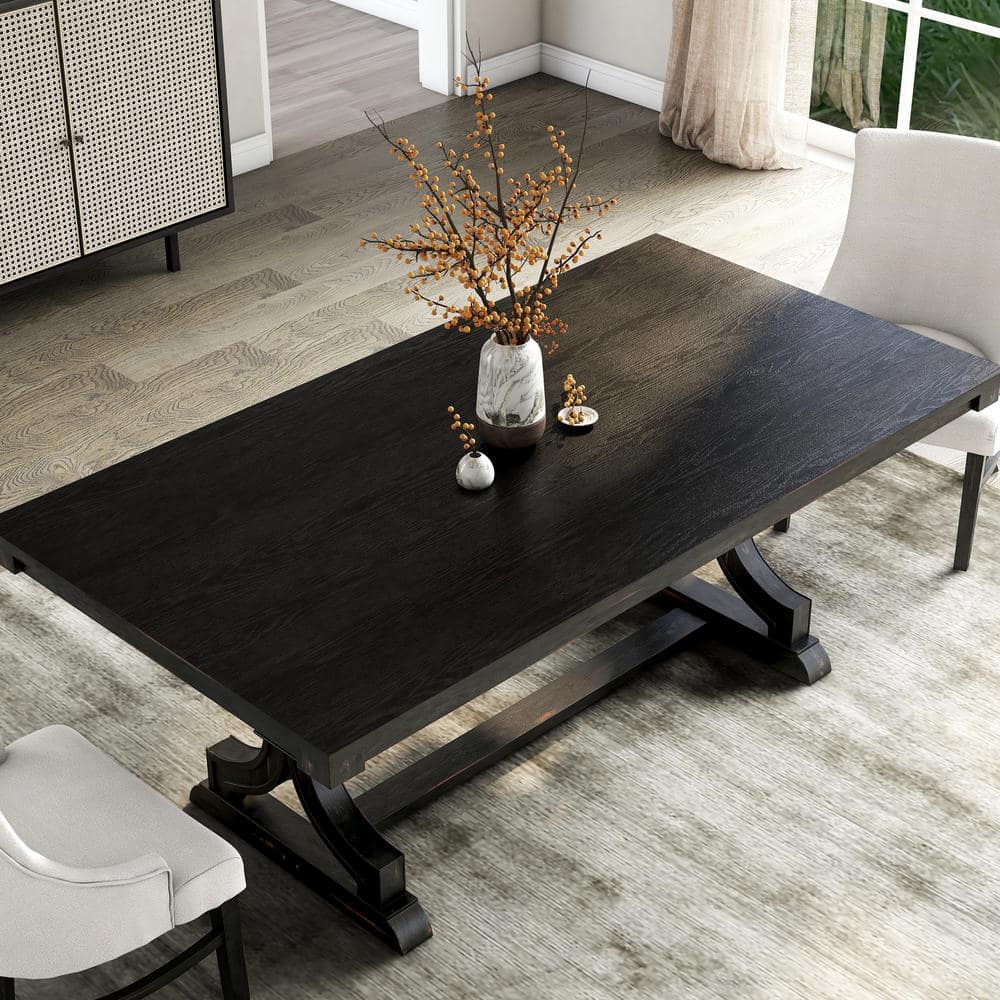Black Solid Wood Farmhouse Rectangular Dining Table, 79"