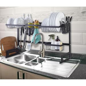 X-Large Over the Sink Adjustable Dish Rack Drainer with Utensils Hooks Cutlery Holder