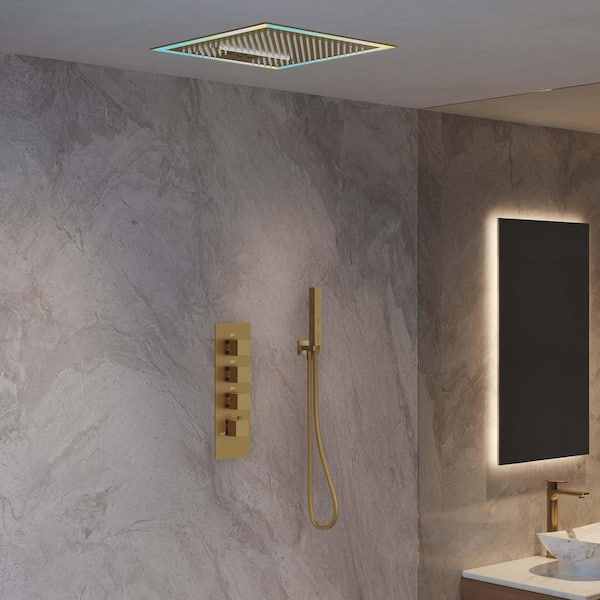 LED Shower System Kit 3-Spray Ceiling Mount 17 in. Fixed and Handheld Shower Head Bluetooth Music in Brushed Gold