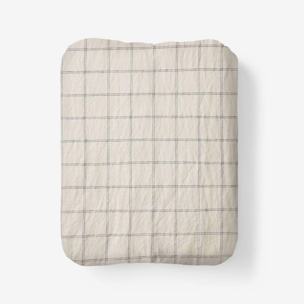 Legends Hotel Washed Linen Cotton Yarn-Dyed Windowpane Deep Navy Queen Fitted Sheet