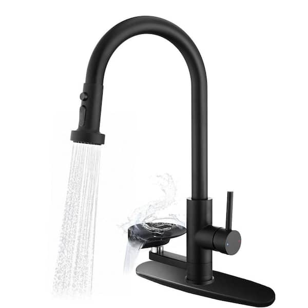 Single Handle 17.71 In. Pull Down Sprayer Kitchen Faucet with Glass Rinser and 360° Swivel Spout in Matte Black