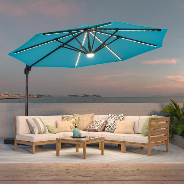 11 ft. LED Outdoor Cantilever Patio Umbrella with a Base and 360° Rotation and Infinite Canopy Angle Lake Blue