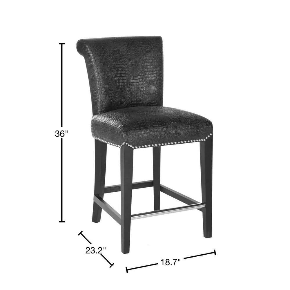 Transitional Birchwood Black Leather Counter Stool with Crocodile Pattern