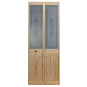 31.5 in. x 80 in. Lace Glass Over Raised Decorative 1/2-Lite Panel Pine Wood Interior Bi-Fold Door