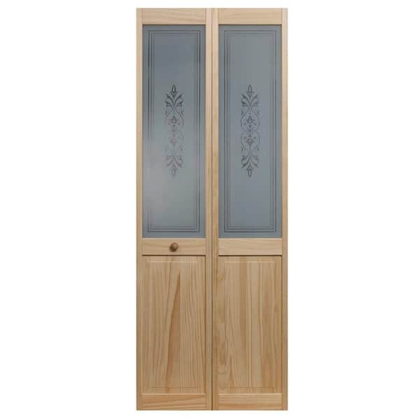 Pinecroft 31.5 in. x 80 in. Lace Glass Over Raised Decorative 1/2-Lite Panel Pine Wood Interior Bi-Fold Door