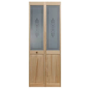 35.5 in. x 80 in. Lace Glass Over Raised Panel 1/2-Lite Decrative Pine Wood Interior Bi-Fold Door