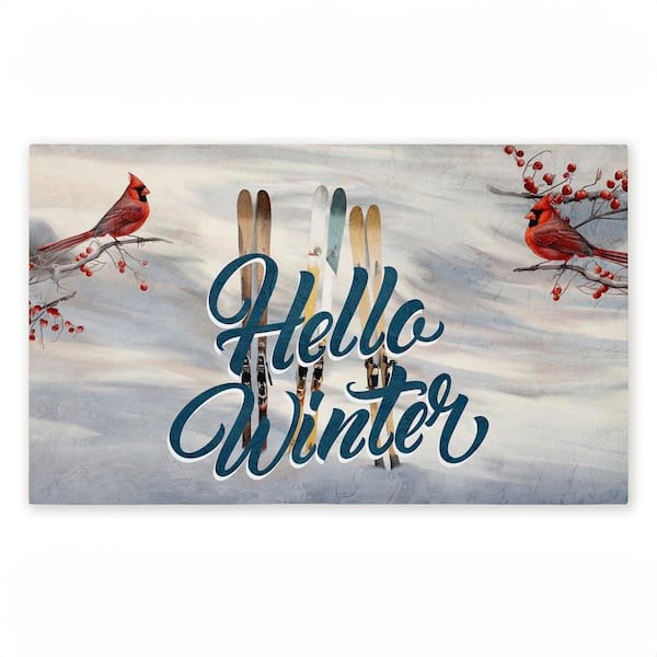 Hello Winter Cardinals and Skis White 18 in. x 30 in. Polyester Non-Slip Outdoor Door Mat