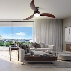 52 in. Indoor/Outdoor Flush Mount Smart Black Ceiling Fan Wood Blades with LED Light and 6-Speed Remote