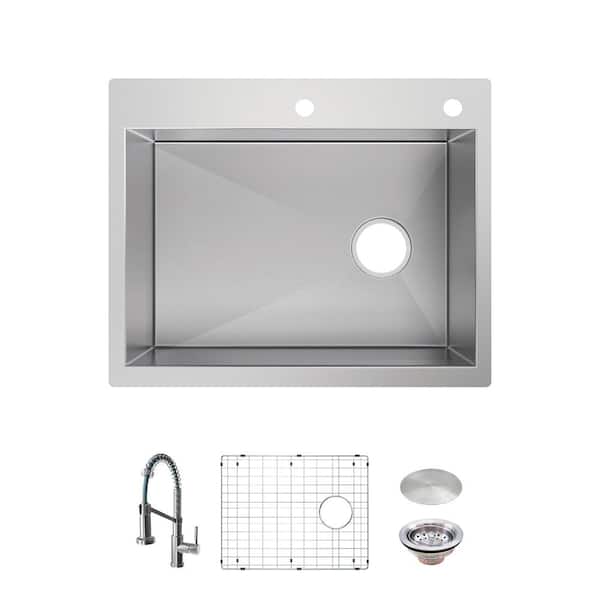 Glacier Bay Professional Zero Radius 27 in. Drop-In Single Bowl 16 Gauge Stainless Steel Kitchen Sink with Spring Neck Faucet