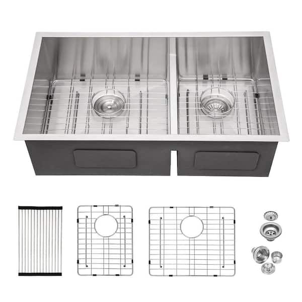 33 in. Undermount Double Bowl(60/40) 16 Gauge Brushed Nickel Stainless Steel Kitchen Sink with Drain