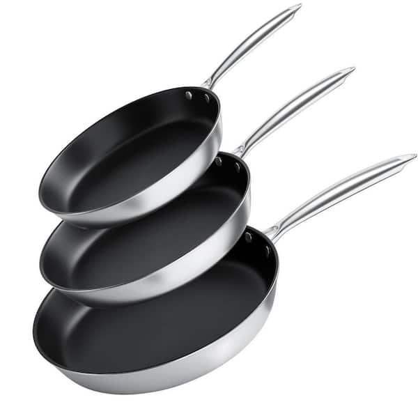 3 Piece Stainless Steel Nonstick Frying Pan Set Tri-Ply Silver Skillets Induction Gas Electric Oven Safe