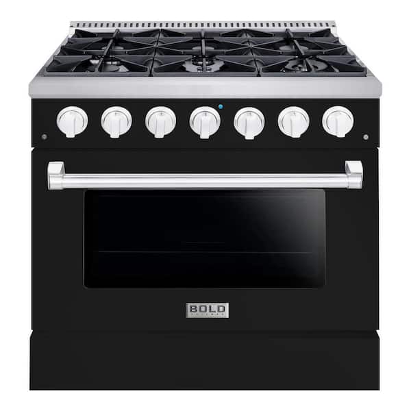 Hallman BOLD 36" 5.2 CuFt. 6 Burner Freestanding Single Oven Dual Fuel Range with Gas Stove and Electric Oven in Black Stainless