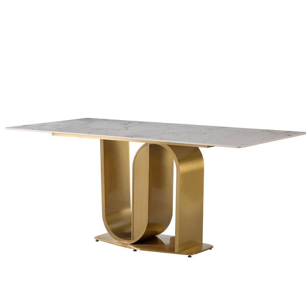 Magic Home 71 in. Contemporary Sintered Stone Top Dining Table with U Shape Pedestal Golden Base, White and Gold -  CS-SG000226AAA