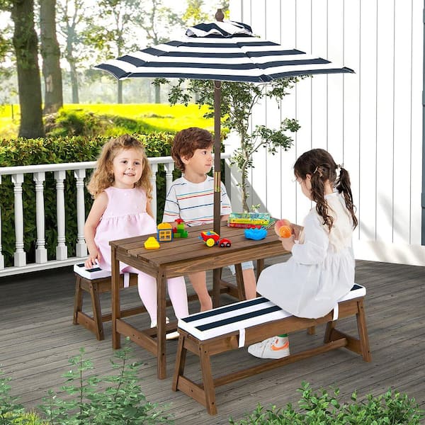 Wooden Top Blue Kids Wood Picnic Table and Bench Set w/Cushions Umbrella for Indoor Outdoor
