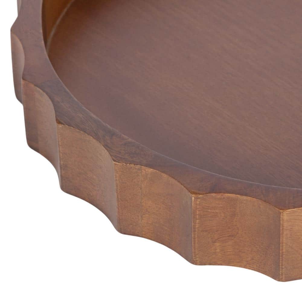 Walnut Brown 15" Round Mango Wood Tray with Wavy Design
