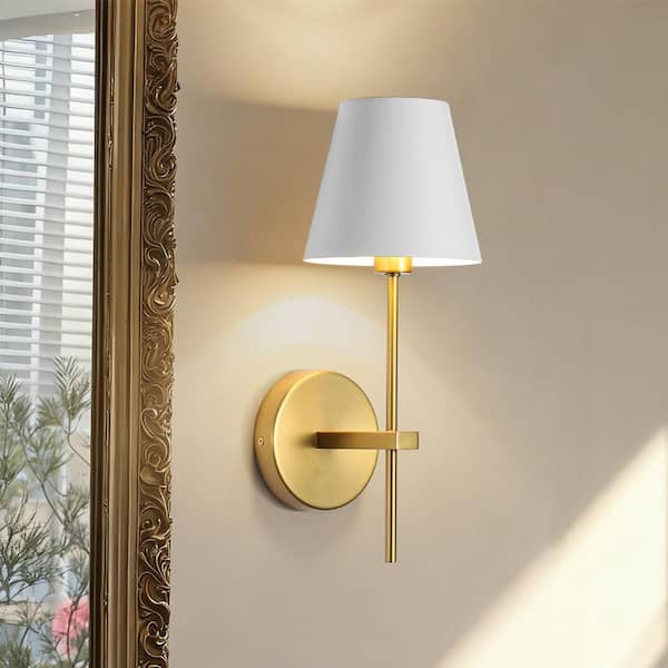 Aurelia 5.9 in. 1-Light Modern Brushed Gold Wall Sconce with White Cone Metal Shade for Bathroom Bedroom Hallway
