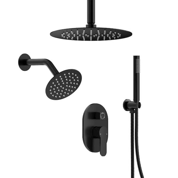 3-Spray 10 and 6 in. Dual Shower Heads Ceiling Mount and Handheld Shower Head in Matte Black (Valve Included)