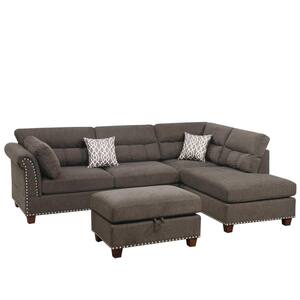 Gusty 3-Piece Mocha Velvet Fabric 4-Seater Reversible L-Shape Sectional Set with Storage Ottoman