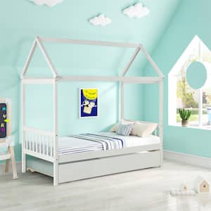 79.5in.Lx41.8in.W White Pine Twin Size House Kids Bed with Trundle