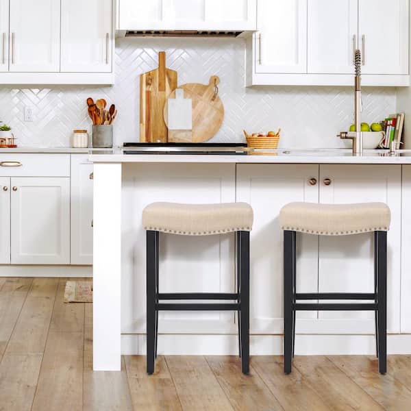 Jameson 29 in. Bar Height Black Wood Backless Barstool with Upholstered Beige Linen Saddle Seat Stool (Set of 2)