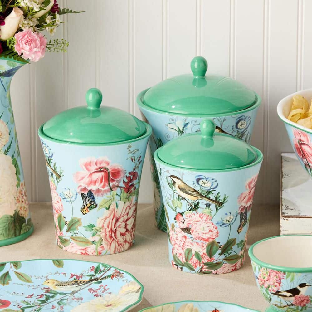 Flora Green Ceramic Canister Set with Butterfly Design, 3-Piece
