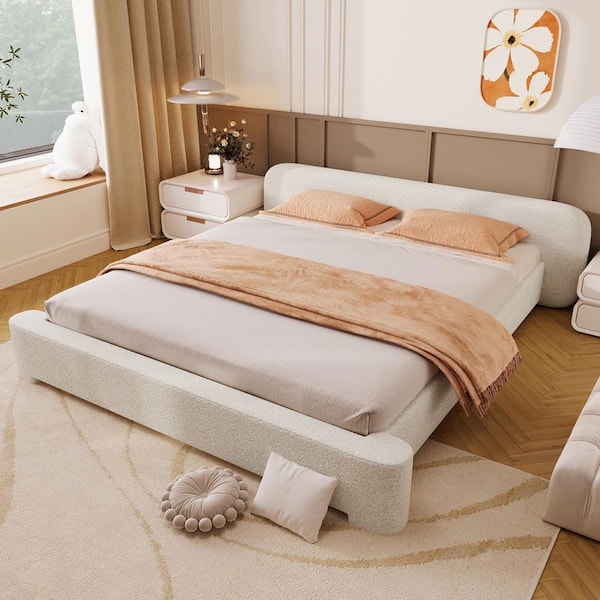 Zephyr Modern White Boucle Fabric Upholstered Wood Frame King Size Platform Bed with Headboard