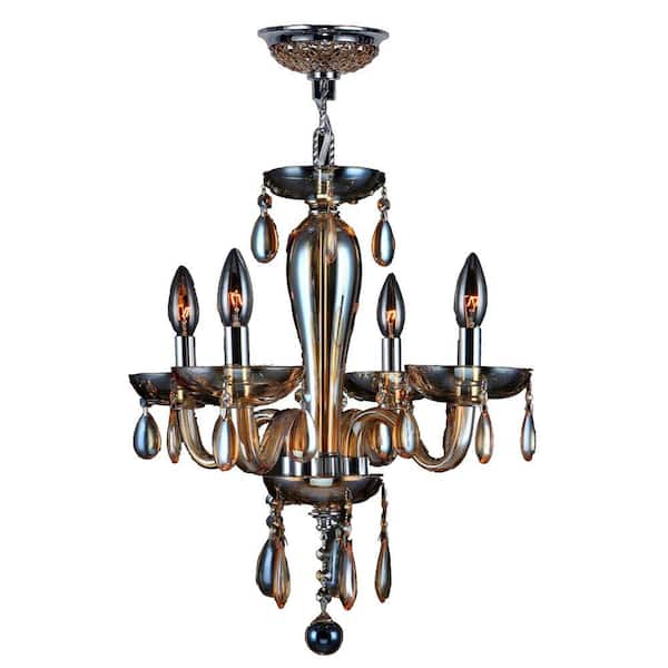 Worldwide Lighting Gatsby Collection 4-Light Polished Chrome and Amber Crystal Chandelier