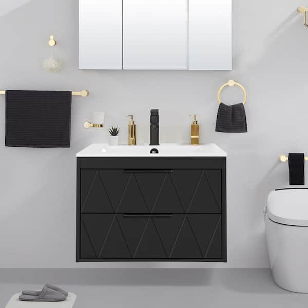 eclife 24 in. W x 18.1 in. D x 18.1 in. H Single Sink Bath Vanity in Black with White Ceramic Top and Drain Faucet Set