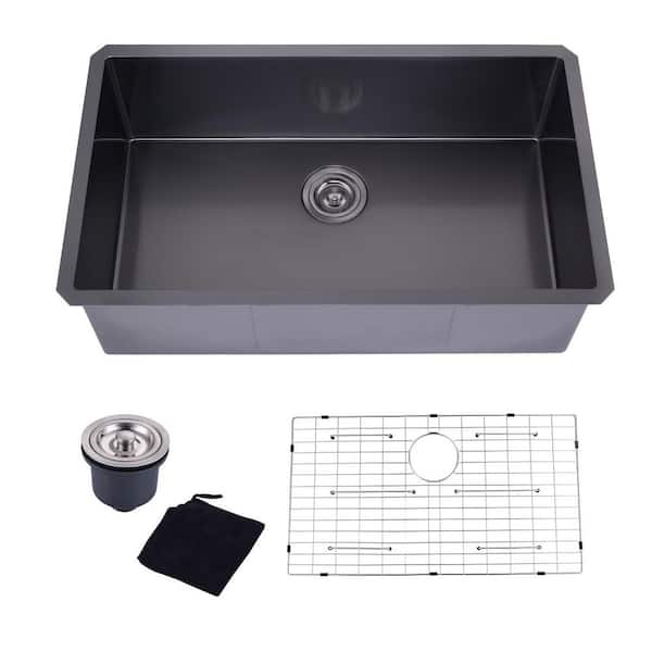 32 in. Undermount Single Bowl 16 Gauge Matte Black Stainless Steel Kitchen Sink with Bottom Grid and Drainage System