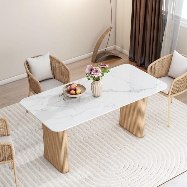 Modern White Wooden Wall Clock, Marble Tabletop Dining Table with Wooden Legs