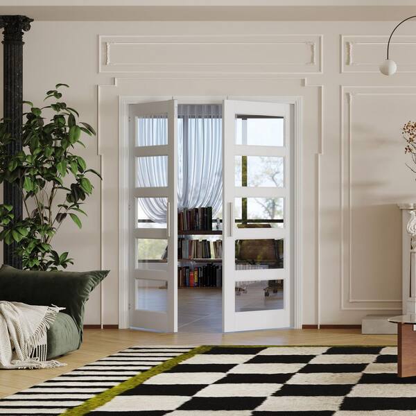64 in. x 80 in. Solid Wood & MDF, 5 Lite, Clear Glass White, Pantry Door Interior Door Slab With Ball Catch & Top Latch