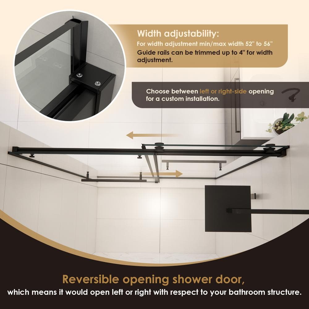 Belizzi 56" Matte Black Frameless Shower Door with Clear Glass