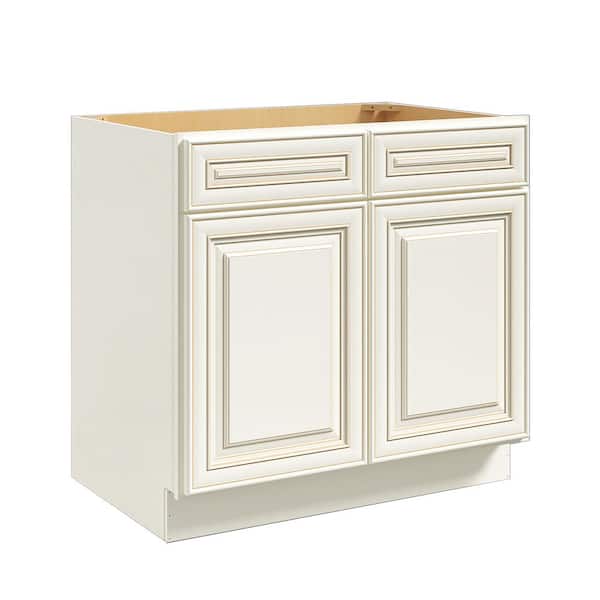 Hausvita 36 in. W x 24 in. D x 34.5 in. H in Cameo White Plywood Ready to Assemble Sink Base Cabinets with Shelf