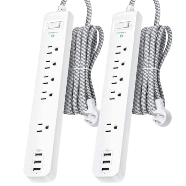 Vrbgify 5 Widely Spaced Outlets 3 USB Charging Port, 1875W/15A with 5 ft. Braided Extension Cord, Flat Plug, Wall Mount (2-Pack)