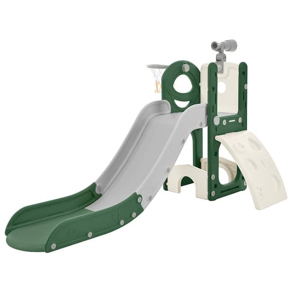 Bon Furni Green and Gray 5-in-1 Freestanding Spaceship Playset with Slide, Telescope and Basketball Hoop