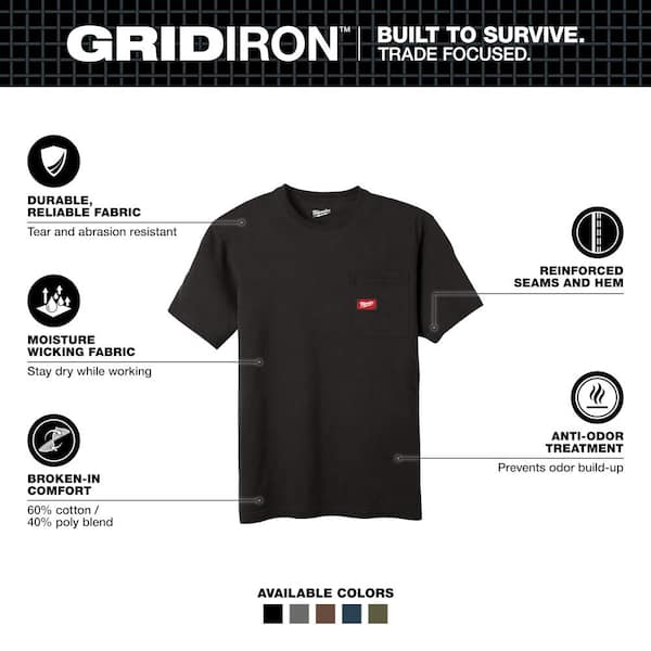 Men's Large Black GRIDIRON Cotton/Polyester Gen ll Short-Sleeve Pocket T-Shirt (2-Pack)