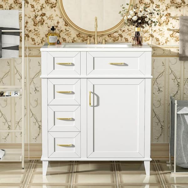 30 in. Single Sink Elegant White Cabinet Bath Vanity with White Ceramic Top, Soft Close Door and Drawers