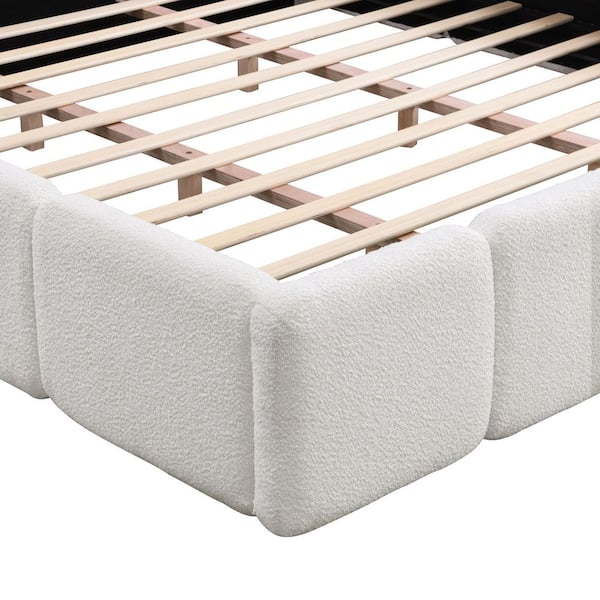 White Wood Frame King Size Upholstered Platform Bed with Boucle Thick Headboard and Footboard, Block Style