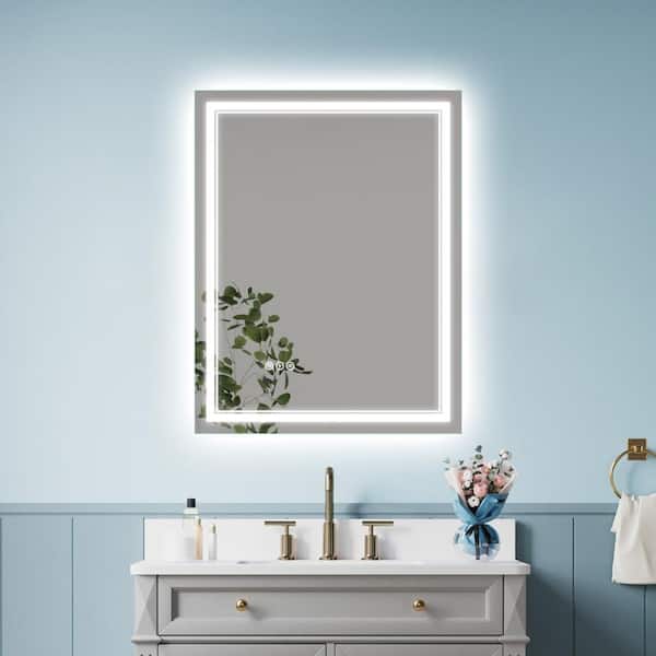 FORCLOVER 28 in. W x 36 in. H Rectangular Frameless Silver Dimmable Fog Free Wall Mount Bathroom Vanity Mirror