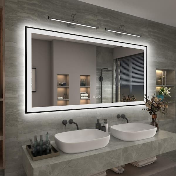 Apmir 60 in. W x 30 in. H Rectangular Space Aluminum Framed Dual Lights Anti-Fog Wall Bathroom Vanity Mirror in Tempered Glass