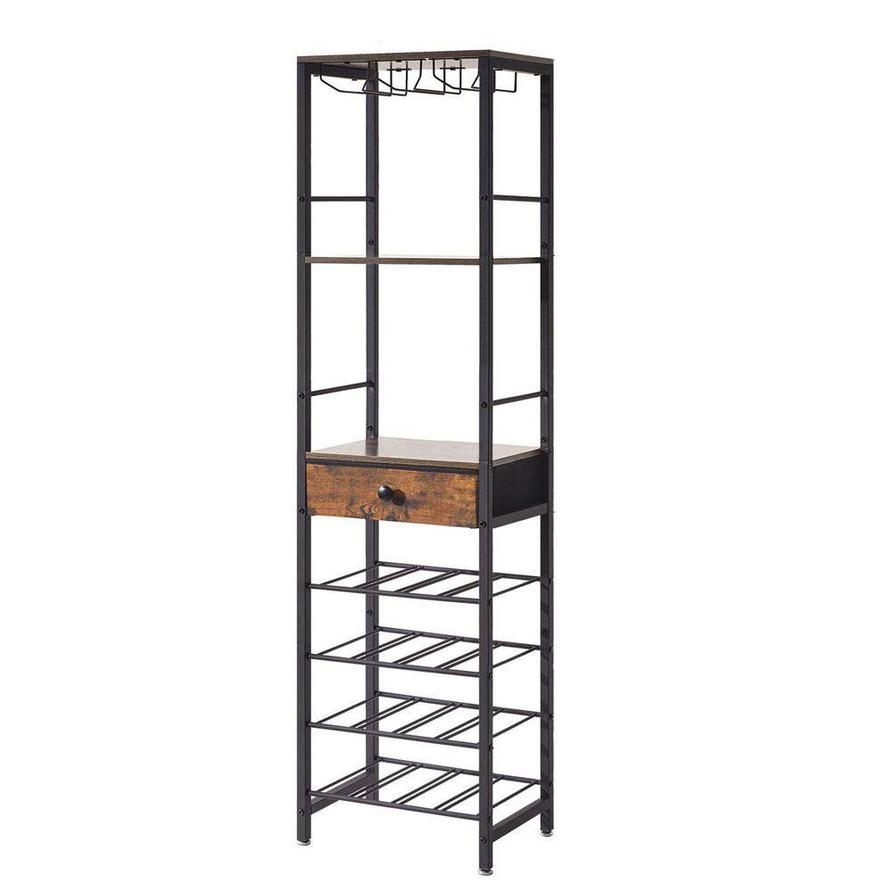 Rustic Brown Freestanding Floor Wine Glass Rack 4 Tier Storage Shelves with Drawer for Home Bar Kitchen